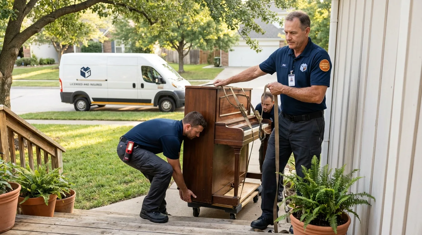 Licensed piano movers securing grand piano in Wadsworth, IL