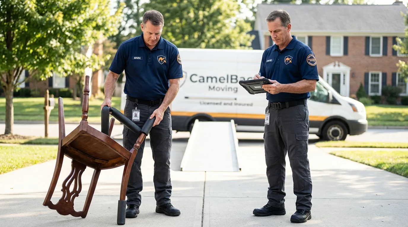 Movers inspecting furniture for damage prevention before loading in Wadsworth, IL