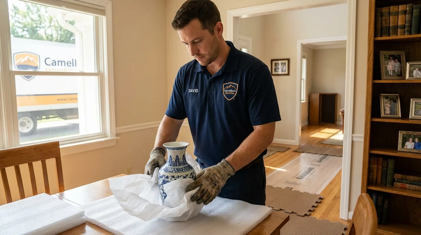 Professional crew carefully wrapping antique vase for senior downsizing move in Wadsworth, IL